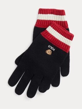 Polo by Ralph Lauren Black Knit Kids Gloves with Polo Bear and  Stripe Cuff